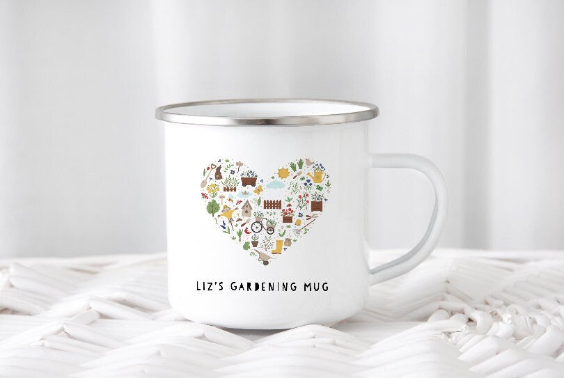 Personalised Gardening Enamel Mug, Gardening Gift