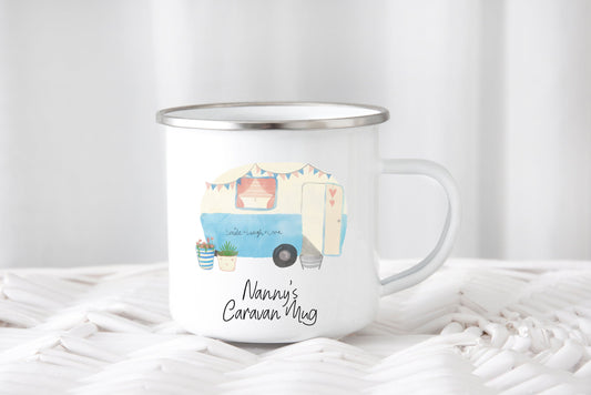 Personalised Caravan Enamel Mug, Camping Gift