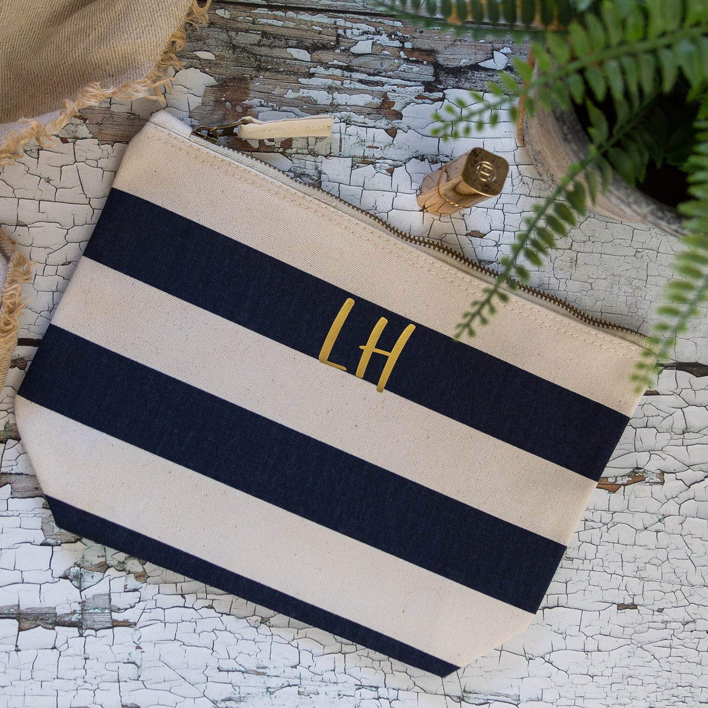 Personalised Make-up Bag - Custom Nautical Striped Canvas Accessory Bag